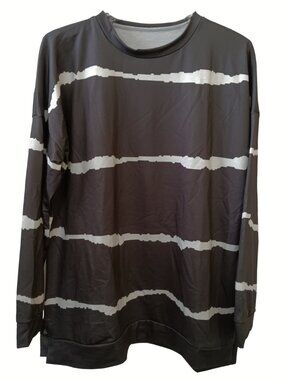 Women's Charcoal Color w/White Stripes Crewneck Pullover Sweatshirt Tunic Length